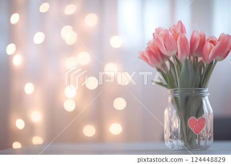 Mothers Day table setting with tulips, hearts and tulips, lights bokeh 124448829