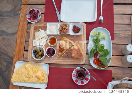 Traditional Turkish breakfast in garden near home Traditional Turkish breakfast in garden near home 124448846