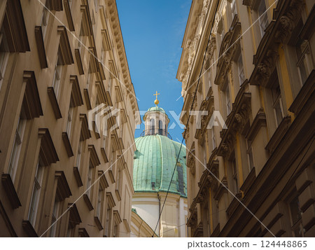 Vienna, Austria - 31 July 2023: Karlskirche church on Karlsplatz square at sunset 124448865