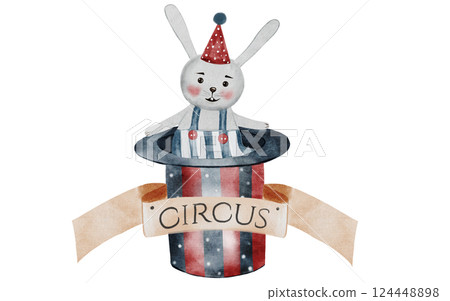 Circus watercolor. Hand drawn cute animal on isolated white background. Clip art of a bunny sitting in a magician's hat with a circus sign. Perfect for cards for baby shower and birthdays Circus watercolor. Hand drawn cute animal on isolated white background. Clip art of a bunny sitting in a magician's hat with a circus sign. Perfect for cards for baby shower and birthdays 124448898