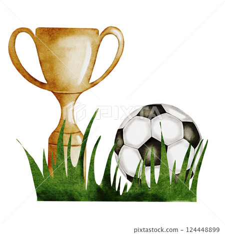 Football Watercolor. Hand drawn composition of a trophy cup, grass and soccer ball, football and sportsequipment. Clip art of championship equipment on isolated white background. Ideal for posters Football Watercolor. Hand drawn composition of a trophy cup, grass and soccer ball, football and sportsequipment. Clip art of championship equipment on isolated white background. Ideal for posters 124448899