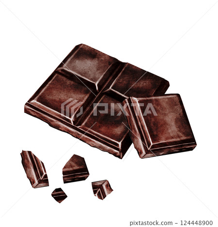 Chocolate bar watercolor composition. Hand drawn pieces of dark chocolate bar on isolated white background. Clip art of sweet dessert. Ideal for logo and packaging of sweets, coffee shop menu and Chocolate bar watercolor composition. Hand drawn pieces of dark chocolate bar on isolated white background. Clip art of sweet dessert. Ideal for logo and packaging of sweets, coffee shop menu and 124448900