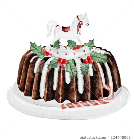 Christmas cake. Hand drawn watercolor traditional holiday cake on a stand with holly berries and a horse. Clip art of chocolate pastry on isolated white background. Ideal for cookbook and bakery menu 124448901