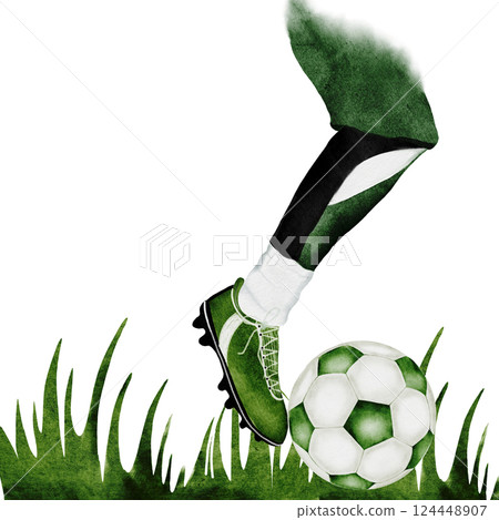 Football game watercolor. Hand drawn composition of football player's leg, soccer ball and grass. Clip art of sports illustration on isolated white background. Ideal for advertising flyers, posters Football game watercolor. Hand drawn composition of football player's leg, soccer ball and grass. Clip art of sports illustration on isolated white background. Ideal for advertising flyers, posters 124448907