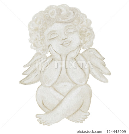Watercolor Cupid. Baptism angel. Hand drawn little Cherub in pastel colors on a white background. Clip art religious. Perfect for Valentine's Day and Christening cards and posters. High quality 124448909