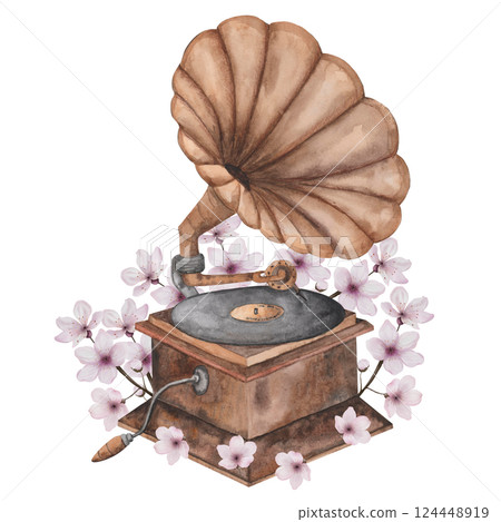 Gramophone watercolor. Postcard with a musical instrument and with cherry blossoms. Hand drawn isolated on white background. For invitations and cards for Music Day, International Dance and Cultural 124448919