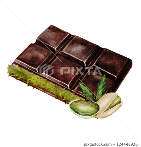 Chocolate Dubai watercolor. Hand drawn dark chocolate bar filled with kataifi and pistachio paste on isolated white background. Clip art of sweet dessert. Ideal for logo and packaging of sweets 124448920