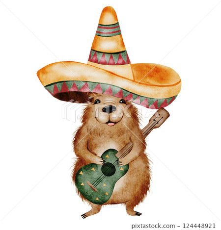 Capybara cartoon watercolor. A funny animal in a Mexican sombrero hat with a guitar. Cute water pig hand drawing on isolated white background. Clip art of a friendly guinea pig. Ideal for stickers 124448921