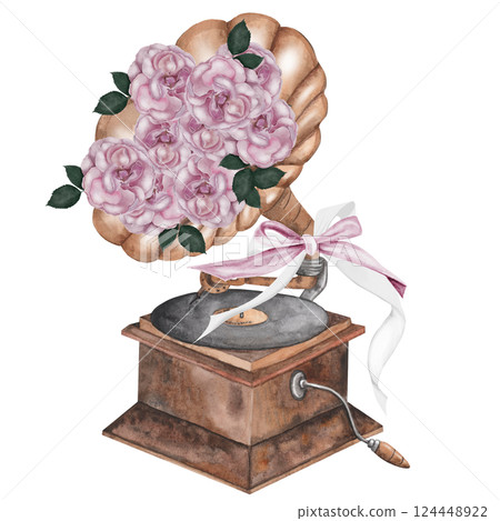 Gramophone watercolor. Postcard with a musical instrument and with flowers of roses. Hand drawn isolated on white background. For invitations and cards for Music Day, International Dance and Cultural 124448922