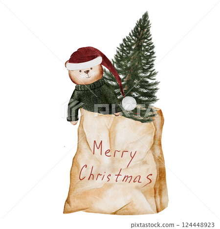 Christmas tree in a craft bag. Evergreen plant with a teddy bear in paper packaging on a white background. Ideal for New Year and Christmas cards and posters 124448923