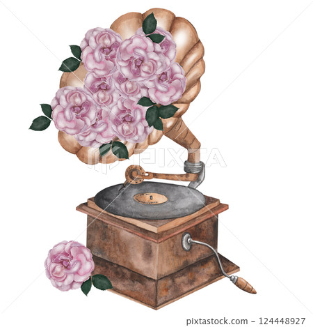 Gramophone watercolor. Postcard with a musical instrument and with flowers of roses. Hand drawn isolated on white background. For invitations and cards for Music Day, International Dance and Cultural 124448927