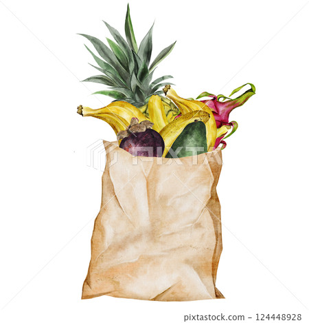 Fruits watercolor in a paper bag. Hand drawn craft packaging with bananas, pineapple and darkonim fruit. Food clip art. Ideal for food stickers, posters of farm organic stores and design of 124448928
