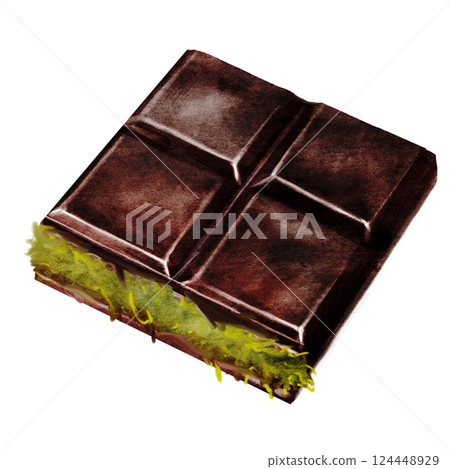 Chocolate watercolor. Hand drawn Dubai dark chocolate bar filled with kataifi and pistachio paste on isolated white background. Clip art of sweet dessert. Ideal for logo and packaging of sweets 124448929