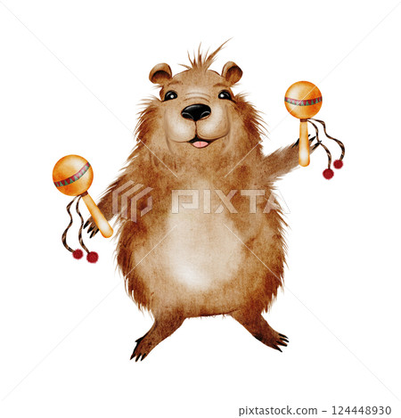Capybara watercolor. A funny animal holds maracas. Cute water pig hand drawing on isolated white background. Clip art of a cartoon friendly guinea pig. Ideal for stickers, posters and cards 124448930