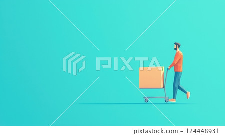 A person pushes a cart with a box, set against a vibrant turquoise background, shopping or delivery. 124448931