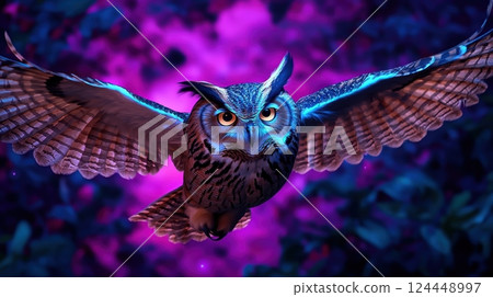 A majestic owl spreads its wings against a vibrant, colorful background 124448997