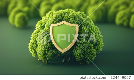 A green shield icon is nestled within lush foliage, protection and environmental sustainability. 124449007