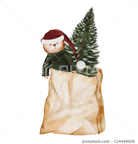 Christmas card watercolor. Christmas tree in a bag. Evergreen plant with a teddy bear in paper packaging on a white background. Ideal for New Year and Christmas cards and posters 124449008