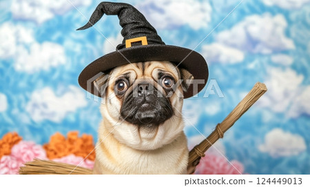 A cute pug wearing a witch hat, sitting on a broom with a colorful floral backdrop 124449013