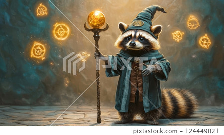 A whimsical raccoon dressed as a wizard holds a magical staff, surrounded by floating orbs of light 124449021