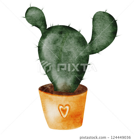 Cactus cartoon watercolor. Cute potted plant hand drawn on isolated white background. Clip art plant in naive style. Ideal for educational cards and posters 124449036