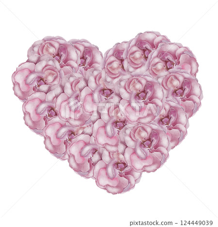 Pink rose in heart shape watercolor illustration. Hand drawn love flower on isolated white background. Ideal for valentine's day cards and packaging of candies and cosmetics 124449039