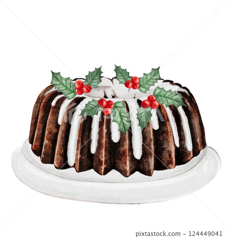 Christmas cake watercolor. Hand drawn traditional holiday cake. Clip art of chocolate pastry on isolated white background. Ideal for cookbook and bakery menu Christmas cake watercolor. Hand drawn traditional holiday cake. Clip art of chocolate pastry on isolated white background. Ideal for cookbook and bakery menu 124449041