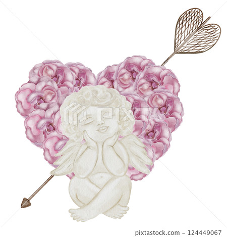 Cherub angels cupids watercolor. Hand drawn little boy with a pink heart of roses on a white background. Clip art religious. Perfect for Valentine's Day and Christening cards and posters. High quality 124449067