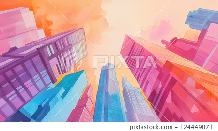 A vibrant, colorful cityscape viewed from below, featuring towering buildings 124449071