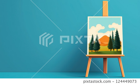 A vibrant painting on an easel showcases mountains and trees against a blue backdrop 124449073