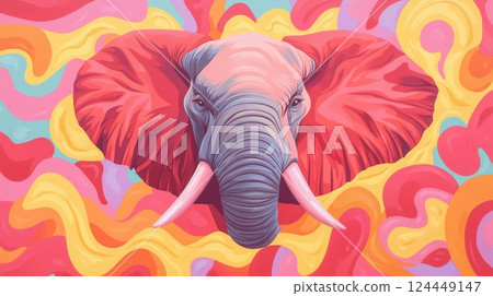 A vibrant, colorful painting featuring an elephant's face with large A vibrant, colorful painting featuring an elephant's face with large 124449147