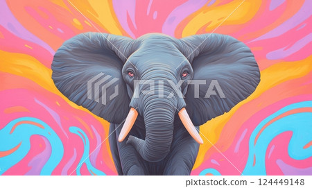 A vibrant, artistic depiction of an elephant against a colorful, swirling background A vibrant, artistic depiction of an elephant against a colorful, swirling background 124449148