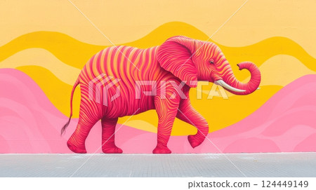 A vibrant pink elephant mural against a pastel background with wavy patterns A vibrant pink elephant mural against a pastel background with wavy patterns 124449149