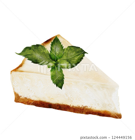 Classic cheesecake watercolor. Illustration of New York cheesecake on isolated white background. A piece of cottage cheese pie decorated lemon and mint. Ideal for coffee shop, pastry shop menu and Classic cheesecake watercolor. Illustration of New York cheesecake on isolated white background. A piece of cottage cheese pie decorated lemon and mint. Ideal for coffee shop, pastry shop menu and 124449156