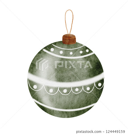 Christmas tree toy ball. Hand drawn watercolor glass ball on isolated white background. Clip art of festive new year element. Ideal for cards and invitations for Christmas and 2024 Christmas tree toy ball. Hand drawn watercolor glass ball on isolated white background. Clip art of festive new year element. Ideal for cards and invitations for Christmas and 2024 124449159