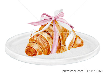 Croissant watercolor illustration. Hand drawn fresh french bun with a bow. Food clip art. Ideal for bakery prints, postcards and pastry shop posters. 124449160