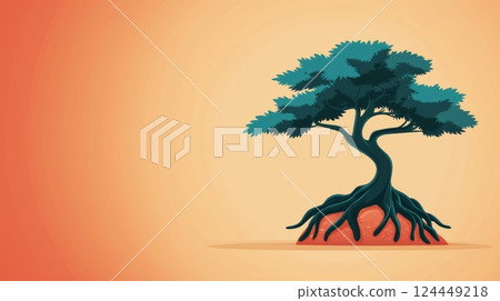 A vibrant, stylized tree with intricate roots stands against a warm gradient background 124449218
