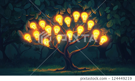 A glowing tree with light bulbs as fruit illuminates a dark forest, symbolizing ideas, creativity, and inspiration. 124449219