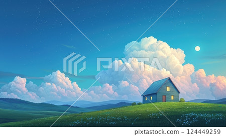 A serene landscape features a cozy house under a starry sky A serene landscape features a cozy house under a starry sky 124449259