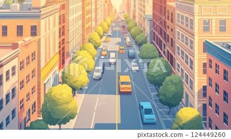 A vibrant urban street scene featuring trees, parked cars, and buildings A vibrant urban street scene featuring trees, parked cars, and buildings 124449260