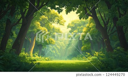 A serene forest with lush greenery and sunlight filtering through the trees A serene forest with lush greenery and sunlight filtering through the trees 124449270