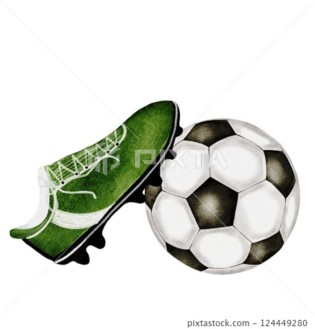 Soccer ball and boot watercolor. Football ball hand drawn illustration isolated on white background. Sports equipment. For football club logo, poster and football match tickets 124449280