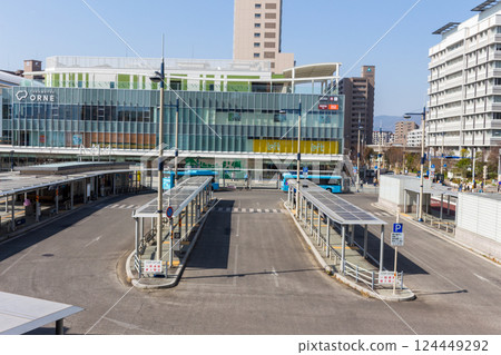 Takamatsu Station Bus Terminal and the blue sky - from the Sunport Takamatsu Bridge 124449292
