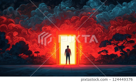 A figure stands before a glowing door, surrounded by vibrant clouds A figure stands before a glowing door, surrounded by vibrant clouds 124449376