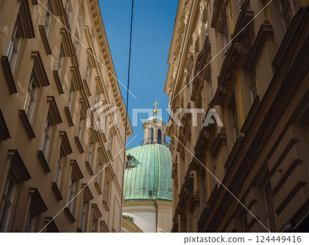 Vienna, Austria - 31 July 2023: Karlskirche church on Karlsplatz square at sunset 124449416