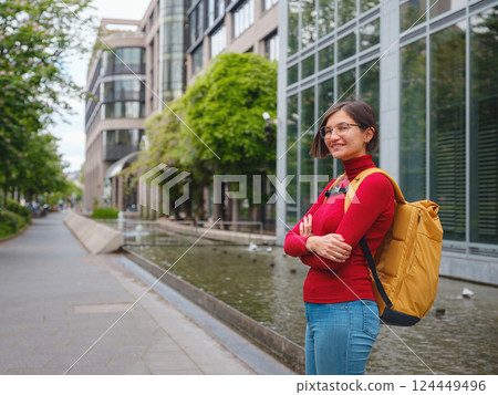 Tourist woman explores modern Frankfurt, 124449496