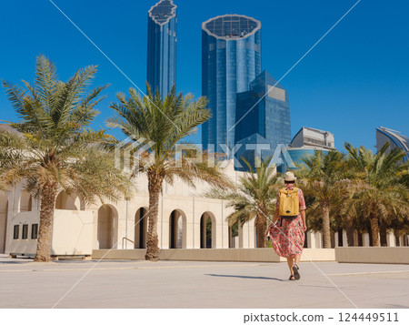 Young female tourist exploring iconic landmarks of the United Arab Emirates. 124449511
