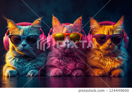 A group of three cats of different colors wearing headphones and sunglasses on a dark background. Animal theme. 124449600