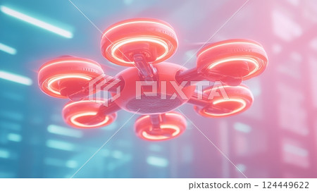 A vibrant, futuristic drone with illuminated rotors hovers in a high-tech environment A vibrant, futuristic drone with illuminated rotors hovers in a high-tech environment 124449622