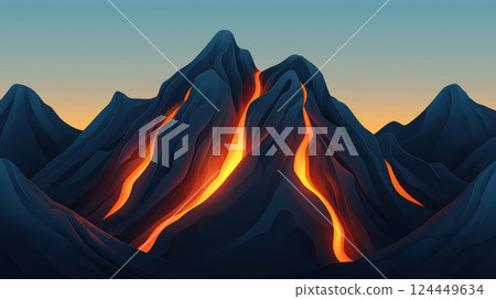 A vibrant digital illustration of a volcanic mountain with glowing lava flowing down its slopes 124449634